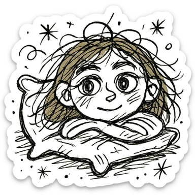An illustration of a girl lying on a pink pillow. She has light brown hair and gray eyes. The style should be a chaotic icon, inspired by iOS 18 style icons. The icon should have a hand-drawn, chaotic appearance with irregular lines and a playful, sketchy feel. sticker