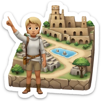 Icon for Documentary Film (TV style): A traveler pointing backward and narrating in front of ancient ruins. Include elements like historical landmarks, maps, and exploration tools to evoke a sense of adventure. Transparent background. sticker