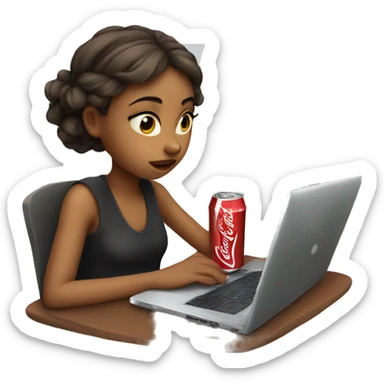 tired girl with laptop drinking coca-cola sticker