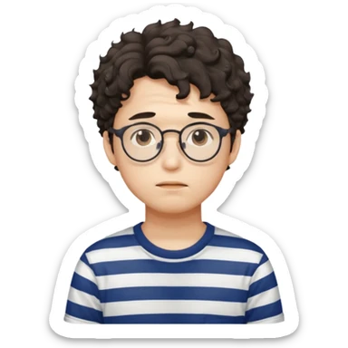  Korean male college student with a worried face , glasses with a bit curly hair, stripe t-shirt sticker