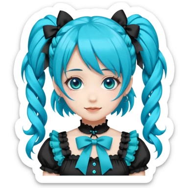 anime-style female character with bright turquoise hair styled in twin tails and matching blue eyes. Her outfit is a frilly turquoise and black dress in a Lolita-esque style, heavily contrasted with black ribbons and trim. A key detail is the "AWP" logo in black on the chest. VERY happy variant sticker