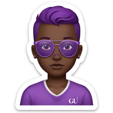 a boy with purple skin and sunglasses that has a tattoo on his forehead that says “gu4nto” sticker