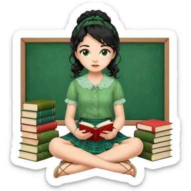 A beautiful girl wears a green lace blouse with short sleeves and a green lace skirt with a plaid pattern. Her long, curly black hair is styled in a messy bun. She holds books and crayons in her hands, and she is barefoot, sitting cross-legged on the floor. The illustration style is pop art. sticker