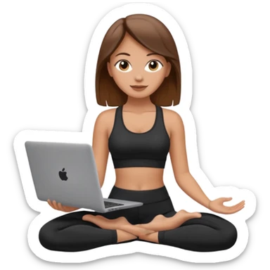 A white girl with brown hair who works remotely through her laptop and enjoys yoga sticker