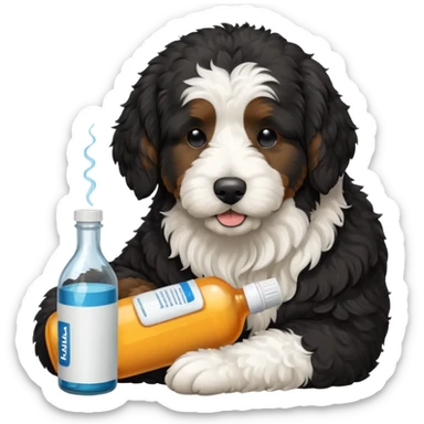A black Bernedoodle with a white chest and a white tip on the end of his tail. Sleeping next to a bottle of Advil  sticker
