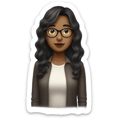 female nerd with medium long semi wavy hair with super dark brown hair and translucent glass frames and give her curtain bangs sticker