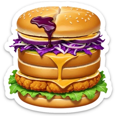 Burning hot, spicy,  stacked chicken sandwich — two thick golden toast slices, a crispy breaded chicken fillet, green lettuce, and purple cabbage slaw, with glossy dark sauce dripping down the sides. sticker