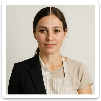 hyper realistic split-image of a woman with half face in office makeup and suit, other half natural, homemaker apron, white background, clear role contrast, symmetry sticker