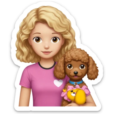 hazme un emoji que sea una niña rubi con el pelo ondulado i una camiseta rosa que ponga brownie, i acariciando a un perro (caniche toy) si pero con el pelo mas largo i no tan rubia el pelo marron i no rubia sticker
