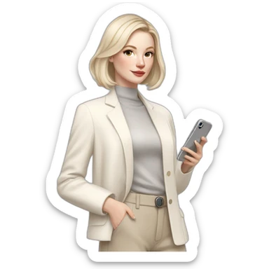 pale skin woman with ash blonde Straightened bob Hair, White Spacious classical jacket, beige palazzo Arrow pants and gray blouse holding white IPhone 14 pro in the hands sticker