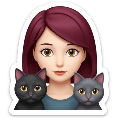 femme au cheveux court bordeau, yeux gris,  avec chat poils longs gris et chat poils ras noirs sticker