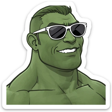 gigachad style muscular man emoji with sunglasses smiling, humorous exaggerated chin and facial features, modern Twitch emoji style for Twitch.tv/wisko channel sticker