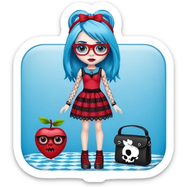 Ghoulia yelps monster high doll in scene/emo style cherry dress with fishnet sleeves, clothes, thin, small, red, rectangle glasses sticker
