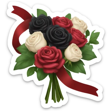 Gothic three black roses and three red roses and three burgundy peonies in a bouquet entwined with a bird ribbon sticker