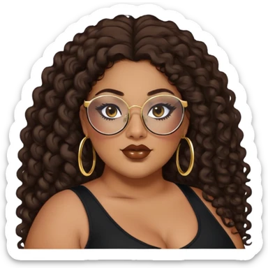 big plus size, latina, darker tan skin, gold hoops, long dark brown curly hair, baddie,pretty, makeup, lipgloss, black eyeliner, long hair, black top, black glasses sticker