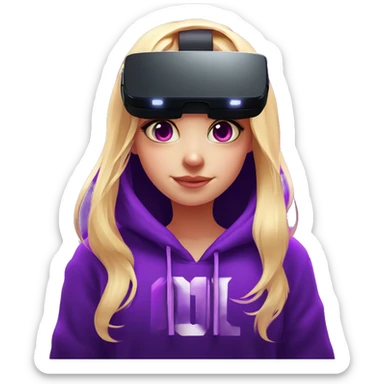 Russian cute blond student girl wearing black hoody with violet letters "OMG", in vr headset. No eyes. Cyberpunk style. Violet neon. sticker