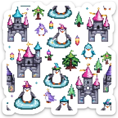 penguin wizard with magical sparkles, a unicorn, fairy, and tiny goblin companion in a pixelated fantasy world with a floating castle sticker