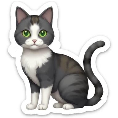 full body view of beautiful female solid dark grey cat with green eyes, white toes/paws and white patch on her chest sticker