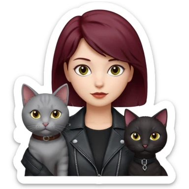 femme  yeux gris, cheveux court bordeaux, cuir noir, avec chat poils longs gris clair et chat poils ras noirs sticker