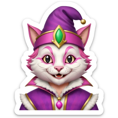 court jester cat medieval, single poker card joker clearly visible, pink, face only, court jester cap sticker