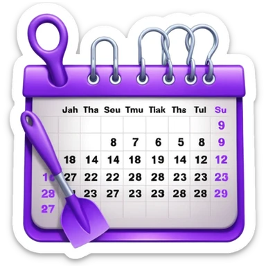 calendar icon with violet garden tools near. Transparent background sticker