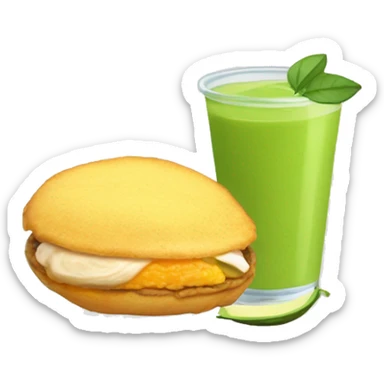 Arepa rellena de una mezcla de pollo desmechado con aguacate con un vaso de vidrio con jugo de naranja sticker