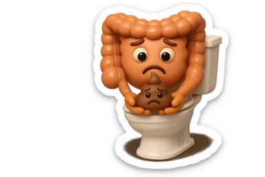 emoji stile iphone di un intestino realistico 3d che esce dal wc con in mano una montagnetta di feci con espressione triste a palline, iperrealistico 4k sticker