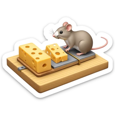 A 3D emoji in iOS emoji aesthetic style of a small mousetrap on a wooden base with a tiny gray mouse approaching a small piece of yellow cheese on it, minimal white background, bright lighting, clean and glossy Apple-style design sticker