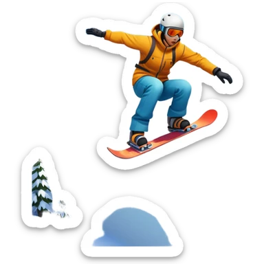 An icon showing a snowboarder performing an exciting jump on a snow-covered slope. The background features towering mountains, snow-covered trees, and a bright, clear sky. Transparent background highlights the speed, agility, and thrill of snowboarding. sticker