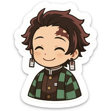 Tanjiro Kamado chibi style, green checkered haori, hanafuda earrings, short black hair with burgundy tips, smiling sticker