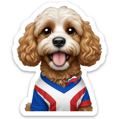 Cavapoo dog wearing a buffalo bills jersey sticker