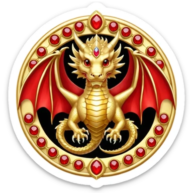 Golden Dragon with wings crest/brosch in a circle with red gems sticker