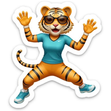 female energetic anthropomorphised tiger in sports clothes, wearing dark sunglasses, jumping with excitement sticker