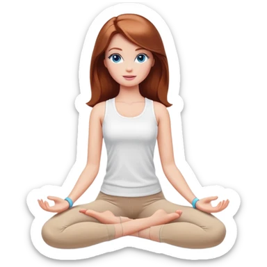 A Barbie girl with blue eyes, shoulder-length reddish-brown hair, made-up, wearing a white T-shirt and beige leggings, does yoga A Barbie girl with blue eyes, shoulder-length reddish-brown hair, made-up, wearing a white T-shirt and beige leggings, does yoga sticker