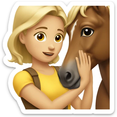 Dark blonde girl wearing sleeveless yellow shirt petting brown horse sticker