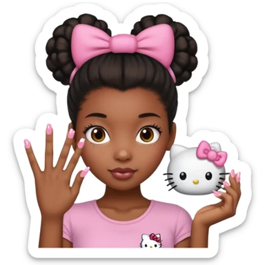 a black girl with big puff ponytail and hello kitty nails sticker
