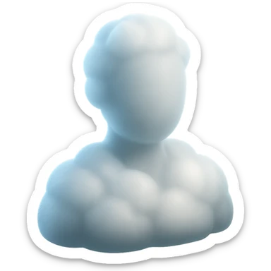 person made entirely of white fluffy convex clouds with soft glow, shoulders up, front view, matte glass style, no background sticker