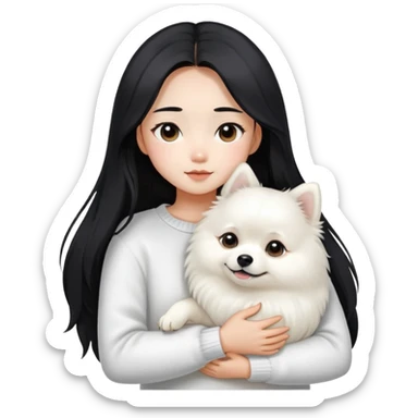 Asian girl with black middle-parted long hair wearing a white sweater hugging a white Pomeranian dog sticker