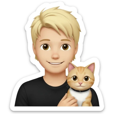 sexy boy with blond rozcuchanými hair and black t-shirt with cat  sticker