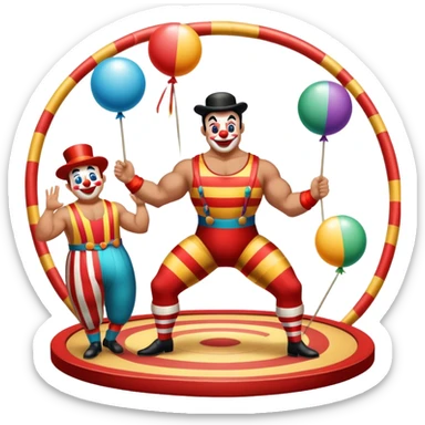 Icon for Circus Arts: a grand vibrant round circus arena with a strongman in a striped costume,  juggler and a clown performing. The icon should convey the excitement and fun of circus performances, with focus on the performers and the colorful setting. Transparent background. sticker