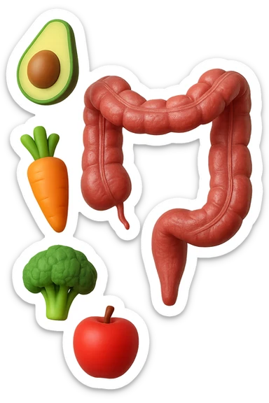emoji stile iphone in 3d di cibo sano che fluttua in aria vericalmente insieme a pezzi di colon umano anatomico, iperrealistico 4k sticker
