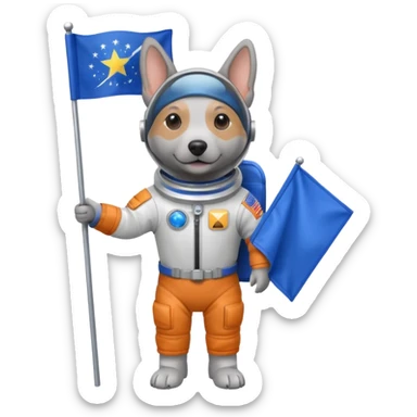 a gray dog in space suit, holding blue rectangle flag, full body, front view sticker