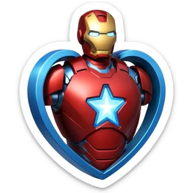 A red Iron Man heart with a glowing blue star in the center sticker
