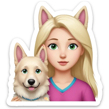 White European young woman with blue-green eyes and long blond hair with her white German Shepherd dog,the Dog hast a pink nose and short fur  and Brown eyes sticker