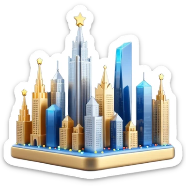 3D emoji of Moscow City business district skyline. A cluster of stylized skyscrapers with different shapes (gold, blue, silver). Decorated with tiny glowing Christmas lights. Soft 3D render, clay and glass textures, Apple aesthetic, isolated on a white background. sticker
