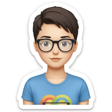 gender neutral person, chest up, wearing a graphic t-shirt and hip glasses, friendly expression sticker