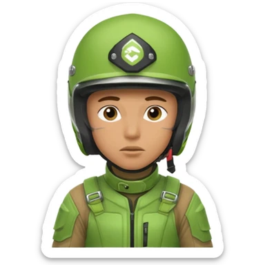 dirtbike rider in green gear thinking about his answer to a question sticker