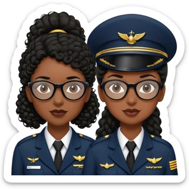 femme pilote d'avion en uniforme noir aux cheveux bouclés noir et petites lunettes arrondis identique avec des cheveux très long et la peau noir mais légèrement plus claire avec les cheveux attachés in a ponytail. 1 seule personne, cheveux moins épais  sticker