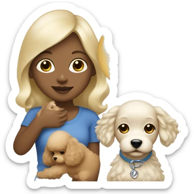 Blonde lady with blue eyes, straight hair  holding poodle puppy cream  sticker
