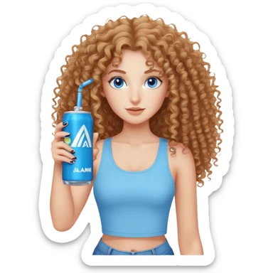 Curly haired, Blue eyed woman holding one alani energy drink can, no straw simple, long hair. She’s wearing a cute trendy top sticker